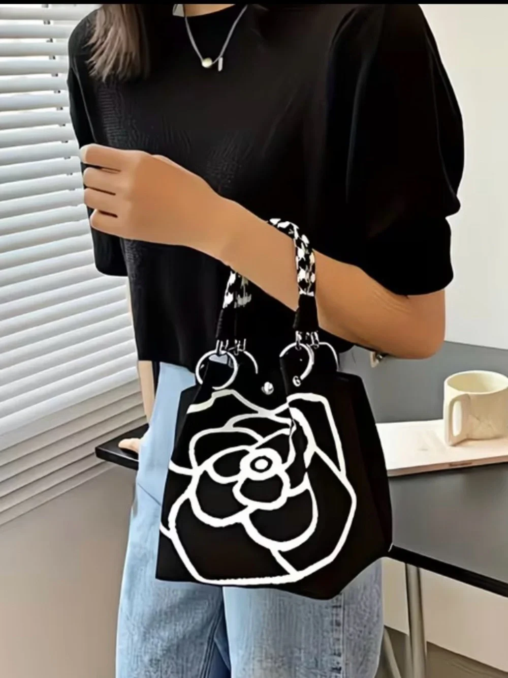 Black & White Floral Tote Bag with Braided Handles